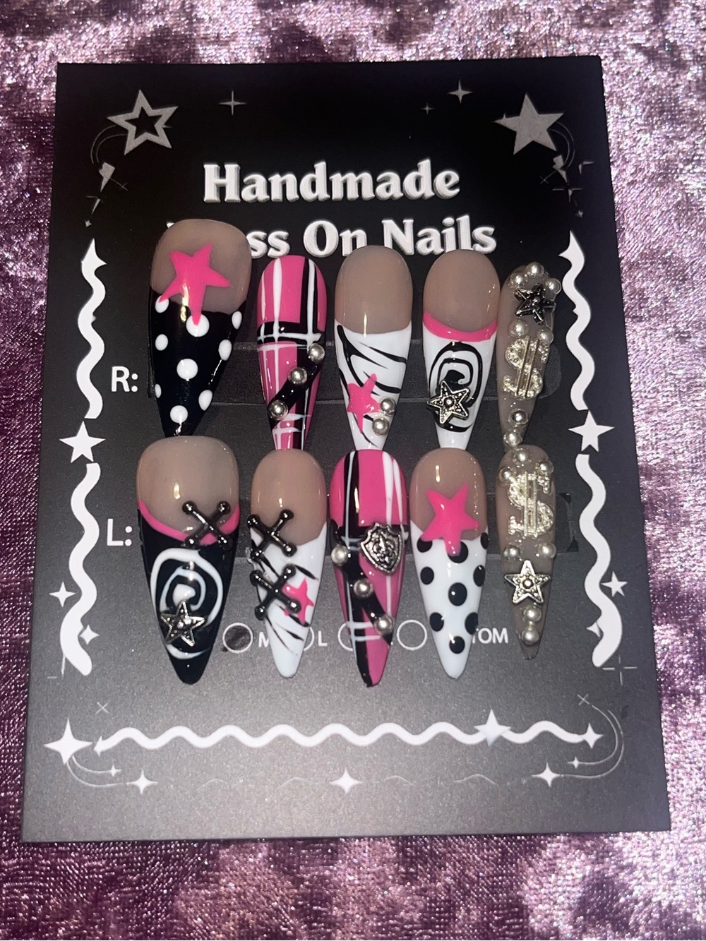 Handmade Press-On Nails in Pink, Black & White - Decorative Set